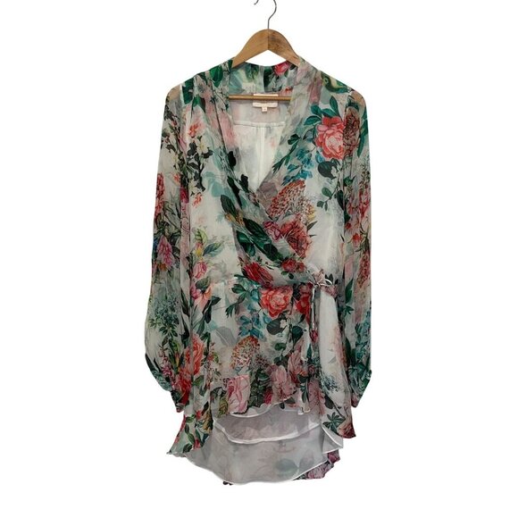 Rococo Sand Floral Sheer Wrap Tie Waist & High-Low Hem Women's Blouse Size M - Picture 3 of 11